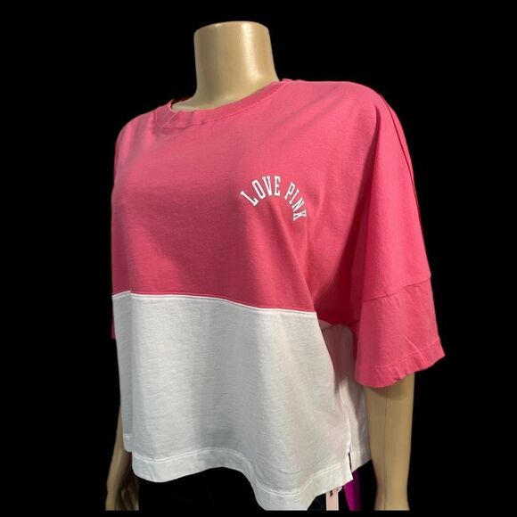 Victorias Secret Pink Varsity Short Sleeve Cropped Crew neck Oversized Tee XL - Picture 2 of 4